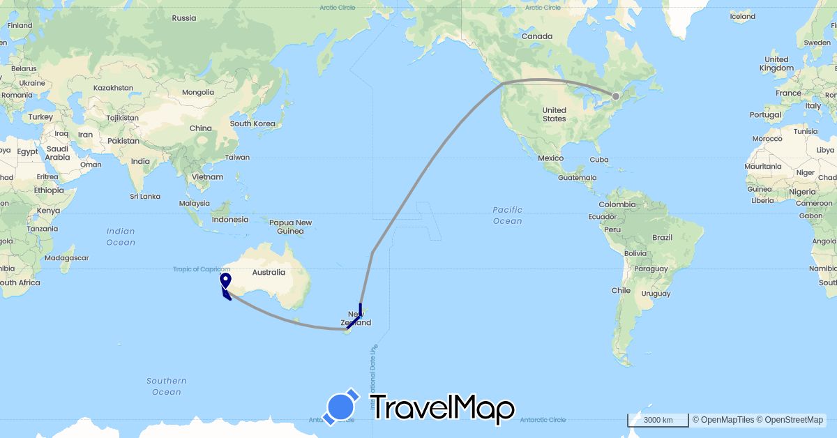 TravelMap itinerary: driving, plane, boat in Australia, Canada, Fiji, New Zealand (North America, Oceania)